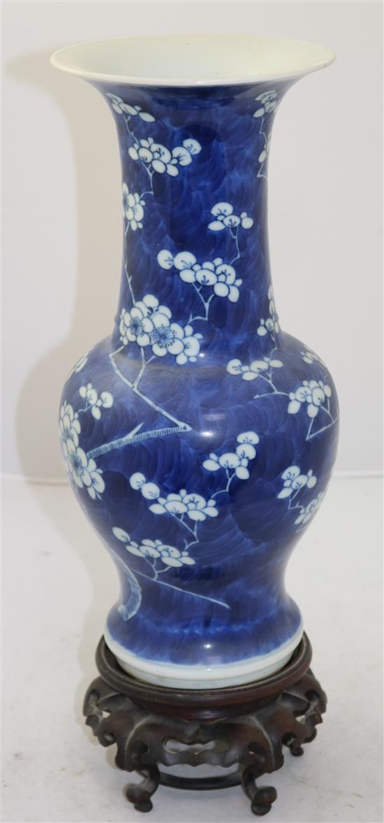 A Chinese blue and white yen yen vase, Kangxi mark, c.1900, 35cm, rosewood stand